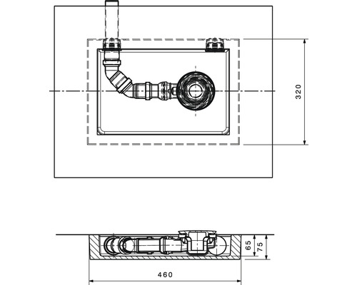 Schemazeichnung eines Duschwannenablaufs mit Maßen 320 mm, 65 mm, 75 mm und 460 mm.