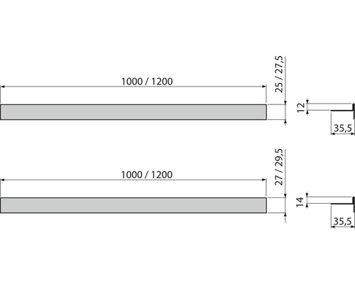 Technische Zeichnung von zwei Holzprofilen mit Maßangaben