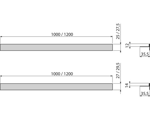 Technische Zeichnung von zwei Holzprofilen mit Maßangaben