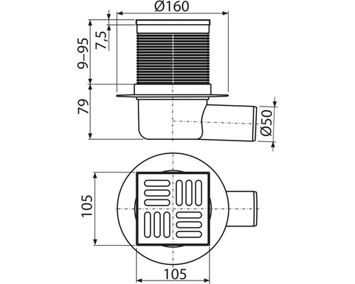 Technische Zeichnung eines Bodenablaufs mit Maßen.