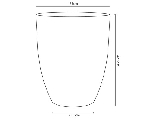 Skizze eines Pflanzgefäßes mit Maßangaben: 35 cm (oben), 20,5 cm (unten) und 42,5 cm (Höhe).