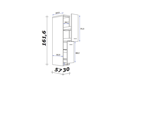 Technische Zeichnung eines Badezimmerschranks mit Maßangaben