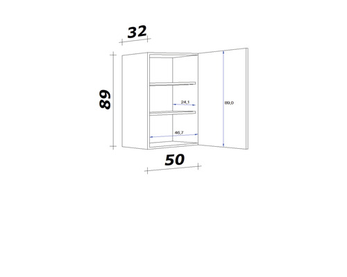 Technische Zeichnung eines Hängeschranks mit Abmessungen