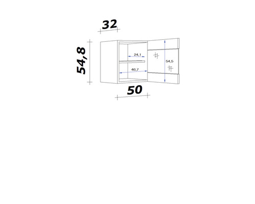 Technische Zeichnung eines Wandschranks mit Regal und Abmessungen