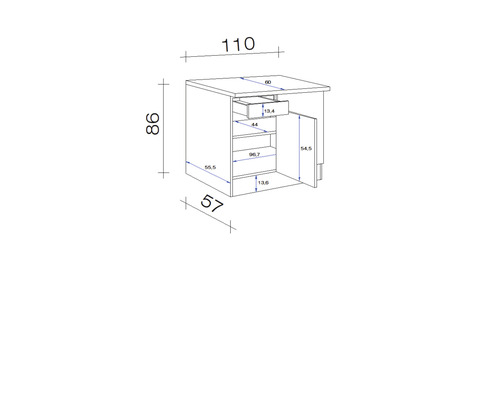 Technische Zeichnung eines Unterschranks mit Maßen