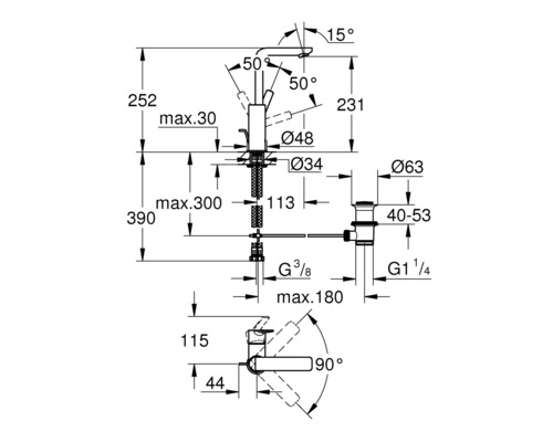 Technische Zeichnung eines Wasserhahns mit Maßangaben