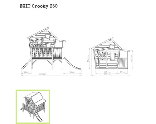 EXIT Crooky 350 Spielhaus Maßzeichnung mit Abmessungen in Zentimetern