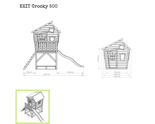 Technische Zeichnung EXIT Crooky 500 Spielhaus mit Rutsche und Leiter mit Maßangaben
