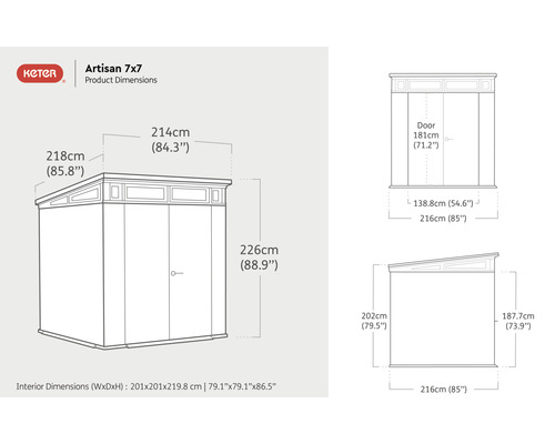 Keter Gerätehaus Artisan 7x7, Produktabmessungen