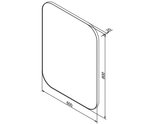 Technische Zeichnung eines Spiegels mit abgerundeten Ecken und Maßangaben 600 x 800 mm