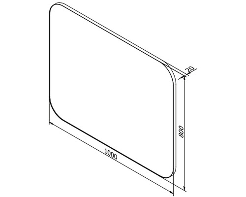 Technische Zeichnung einer Duschwand mit den Maßen 1000 mal 800 Millimeter und einer Abrundung von 20 Millimetern