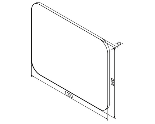 Technische Zeichnung einer Duschwand mit den Maßen 1000 x 800 x 25 mm.