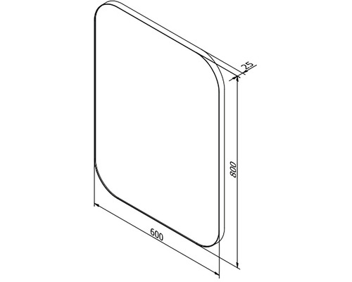 Technische Zeichnung einer Badewannenaufsatzscheibe mit den Maßen 800 x 600 x 25 Millimeter