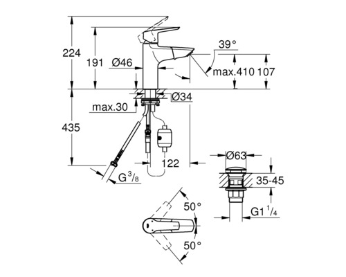 Technische Zeichnung einer Armatur mit Maßangaben
