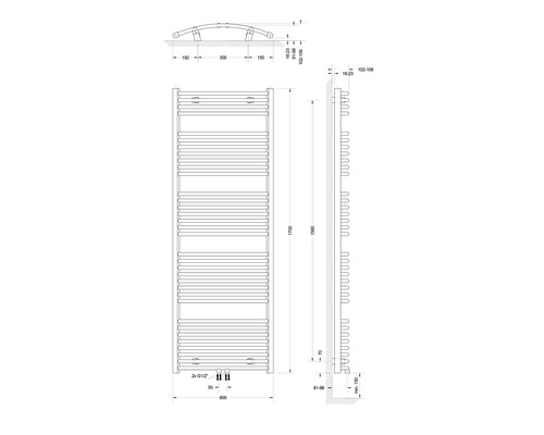 Technische Zeichnung eines Heizkörpers mit Maßangaben