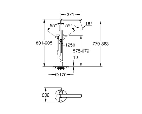 Technische Zeichnung eines Fenstergriffs mit Maßangaben