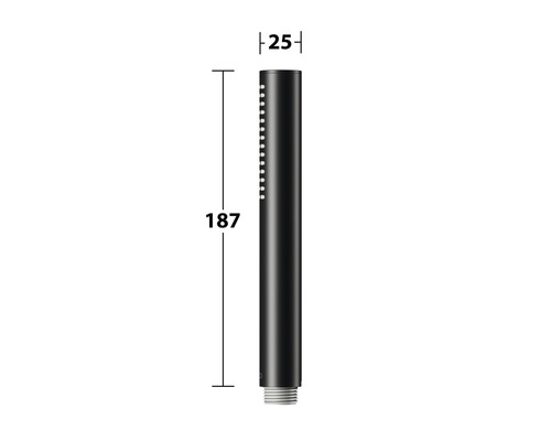 Duschkopf mit Maßangaben: 187 Millimeter Länge und 25 Millimeter Durchmesser