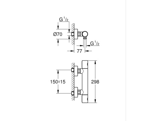 Technische Zeichnung einer Wasserarmatur mit Maßangaben