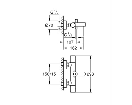 Technische Zeichnung einer Duscharmatur mit Maßangaben