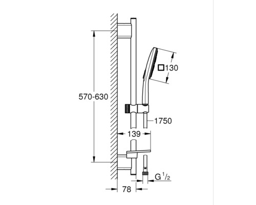 Technische Zeichnung einer Duschstange mit Handbrause und Maßangaben