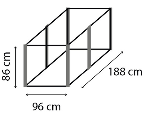 Abbildung eines Regals mit den Maßen 86 cm Höhe, 96 cm Breite und 188 cm Länge.