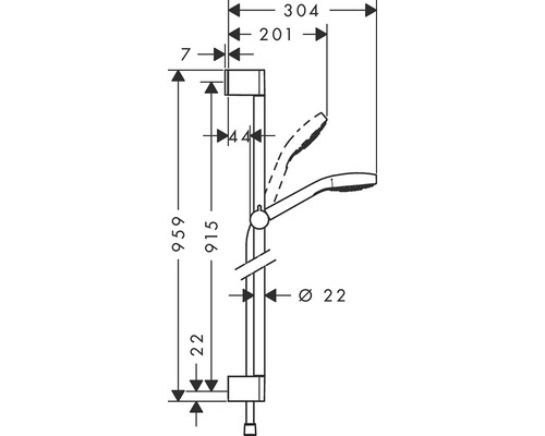 Technische Zeichnung einer Duschstange mit Maßangaben