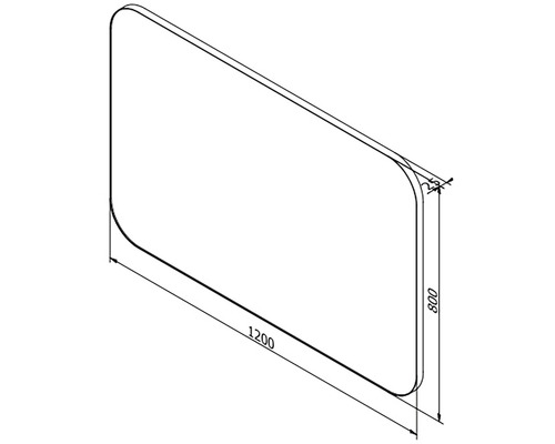 Technische Zeichnung einer rechteckigen Duschwand mit den Maßen 1200 x 800 Millimeter.