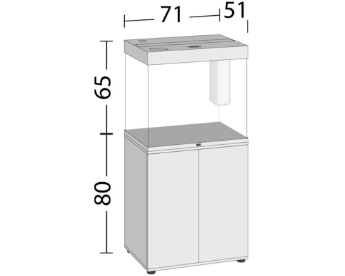 Abmessungen eines Aquariums mit Unterschrank: 71 x 51 x 65 cm Beckenhöhe und 80 cm Schrankhöhe