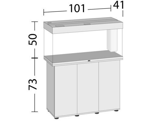 Skizze eines Aquariums mit Unterschrank und Maßangaben