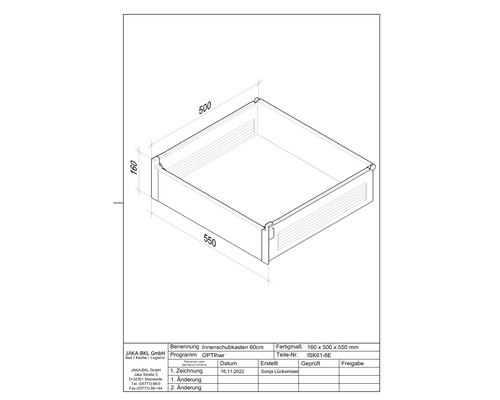 Technische Zeichnung eines Innenschubkastens 60 cm, Maße 160 x 500 x 550 mm