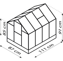 Zeichnung eines Gewächshauses mit den Maßen 85 cm Höhe, 91 cm Höhe, 87 cm Breite und 111 cm Länge.