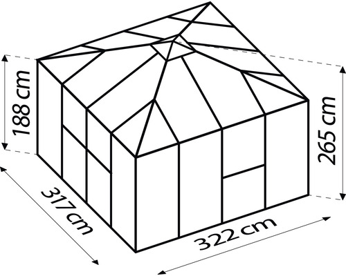 Schemazeichnung eines Gewächshauses mit den Maßen 317 cm x 322 cm und einer Höhe von 188 cm bis 265 cm.