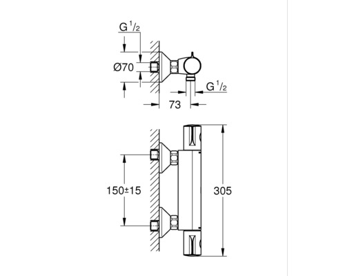 Technische Zeichnung eines Heizkörperanschlusses mit Maßangaben.
