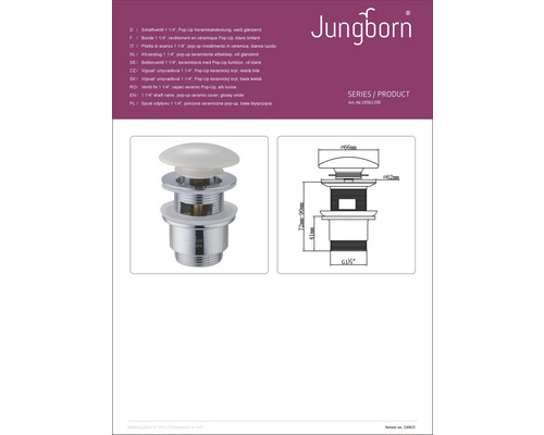 Jungborn Schaftventil mit Pop-Up Keramikabdeckung, technische Zeichnung