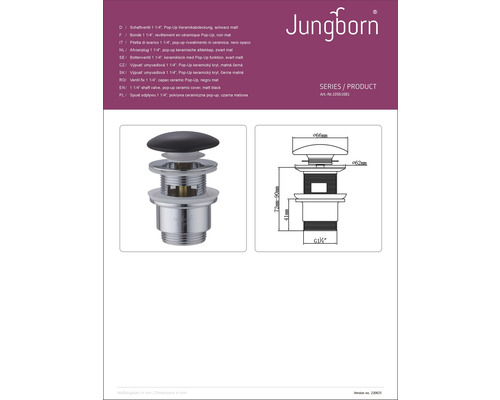 Jungborn Schaftventil 1 1/4 Zoll mit Pop-up Keramikabdeckung, Schema
