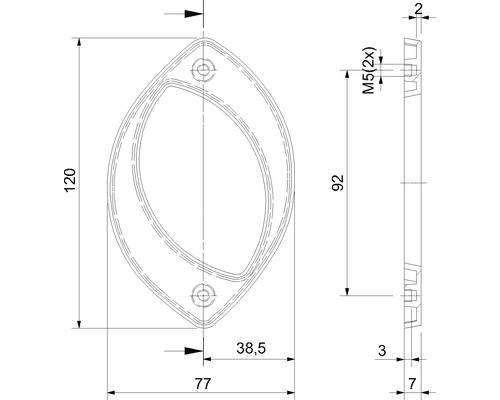 Technische Zeichnung eines Griffmuschel-Produkts mit Maßangaben