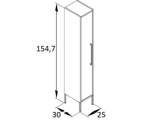Technische Zeichnung eines Badezimmerschranks mit den Maßen 154,7 x 30 x 25 cm.