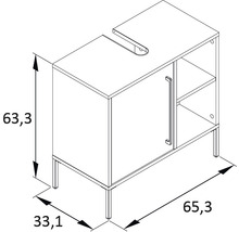 Zeichnung eines Waschtischunterschranks mit Maßen 63,3 x 33,1 x 65,3 cm.
