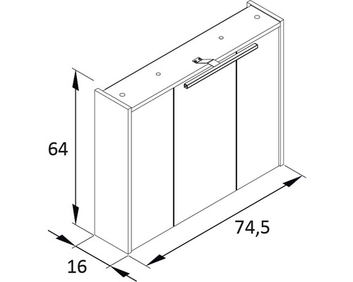 Technische Zeichnung eines dreitürigen Hängeschranks mit Maßangaben