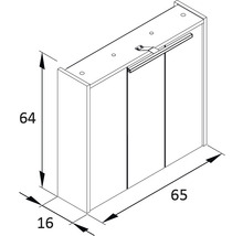 Abbildung eines Badezimmerschranks mit den Maßen 64x65x16 cm.