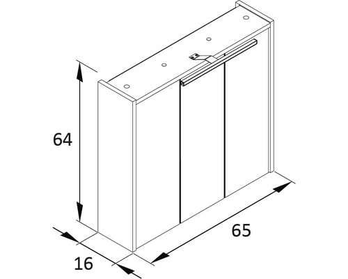 Abbildung eines Badezimmerschranks mit den Maßen 64x65x16 cm.