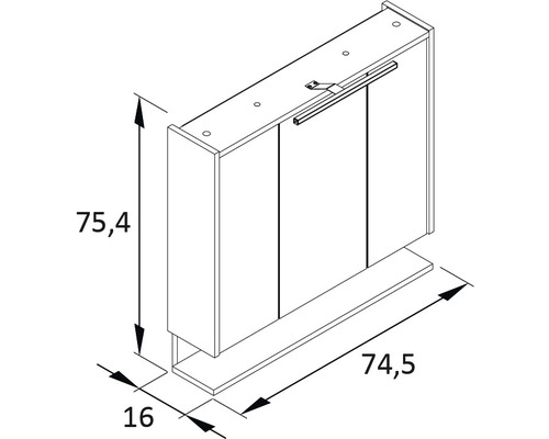 Technische Zeichnung eines Spiegelschranks mit Maßen
