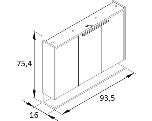 Technische Zeichnung eines Spiegelschranks mit Maßangaben.
