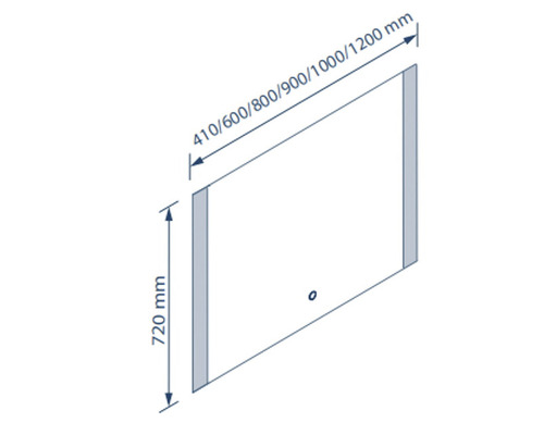 Abbildung eines Spiegels mit den Maßen 410, 600, 800, 900, 1000 oder 1200 Millimeter mal 720 Millimeter