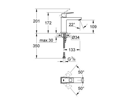 Technische Zeichnung einer Armatur mit Maßangaben