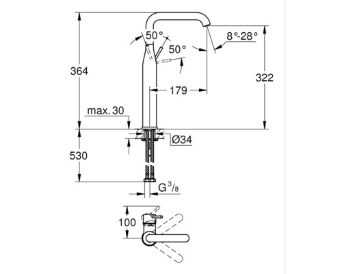 Maßzeichnung einer Armatur mit Höhenangaben