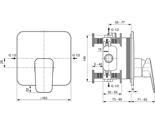Technische Zeichnung einer Einbau-Duscharmatur mit Maßangaben