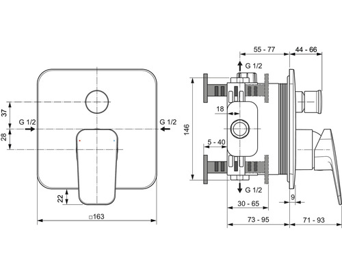 Technische Zeichnung einer Unterputz-Armatur mit Maßangaben