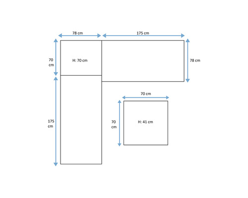 Maße der Couchgarnitur: 78 cm, 175 cm, Höhe 70 cm, 70 cm, Höhe 41 cm
