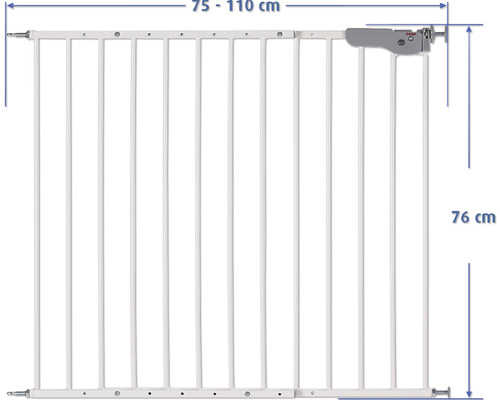 Weißes Kinderschutzgitter mit den Maßen 75 bis 110 cm Breite und 76 cm Höhe.